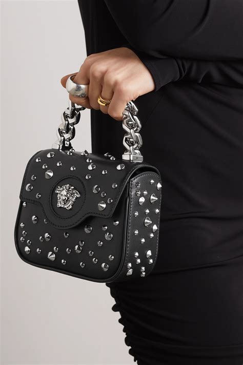 versace small icon leather shoulder bag|Versace embellished leather shoulder bag.